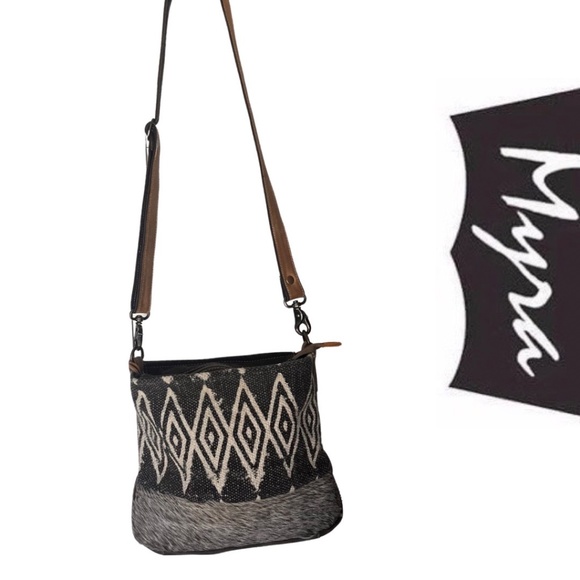 Myra Bag Azure Upcycled Canvas & Cowhide Leather Shoulder Bag NWOT - Picture 2 of 14